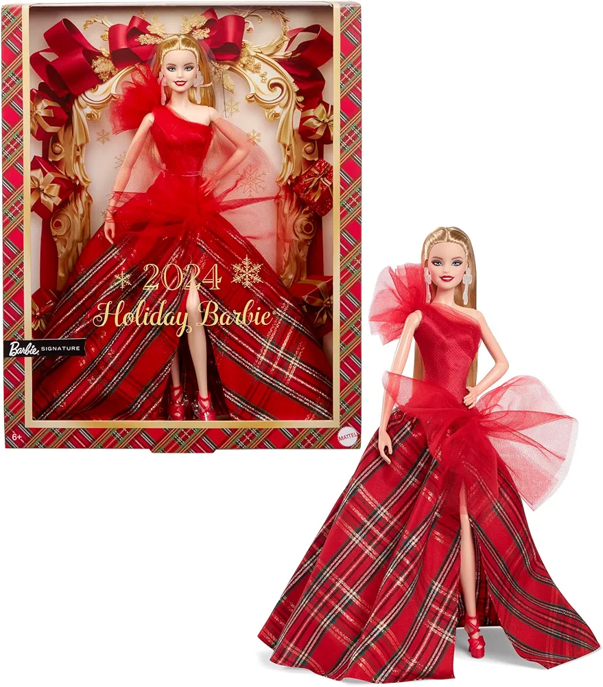 Barbie Signature Doll, 2024 Holiday Blonde Fashion Doll Wearing Gown with Plaid Skirt, Seasonal Collector Gift in Displayable Packaging