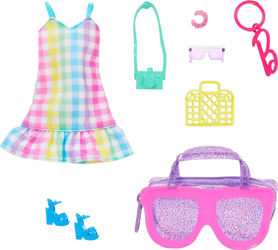 Barbie Premium Pink Sunglasses Fashion Bag, Multicolor Dress, Blue Heels, and Accessories