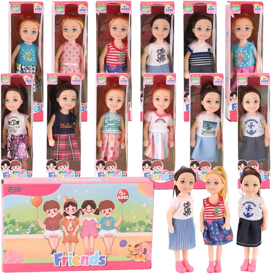 12 Pack: Little Girls Party Favors Dolls - 5" Small Toddler Doll Toys Kids Miniature Figures Friends Bulk Bundle Play Set