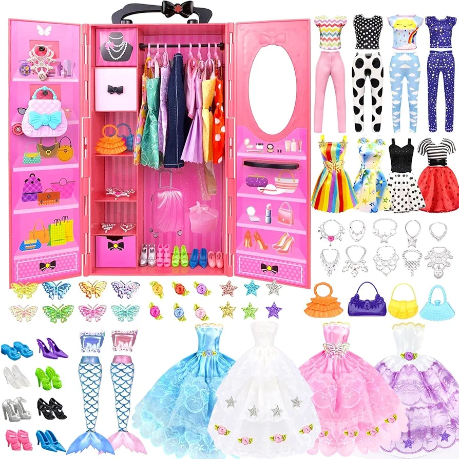 84 Pack Doll Clothes and Accessories with Doll Closet for 11.5 Inch Doll Fashion Design Kit Girl Doll Dress Up Including Wedding Dress Fashion Dress Outfits Tops and Pants Shoes Hangers Bags Necklaces