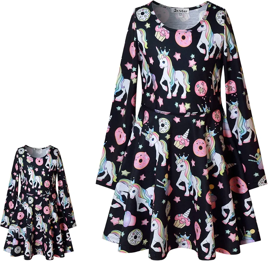 Unicorn Dresses for Girls & Doll 18 inch Long Sleeve Fall Winter Dresses,Size 6 7