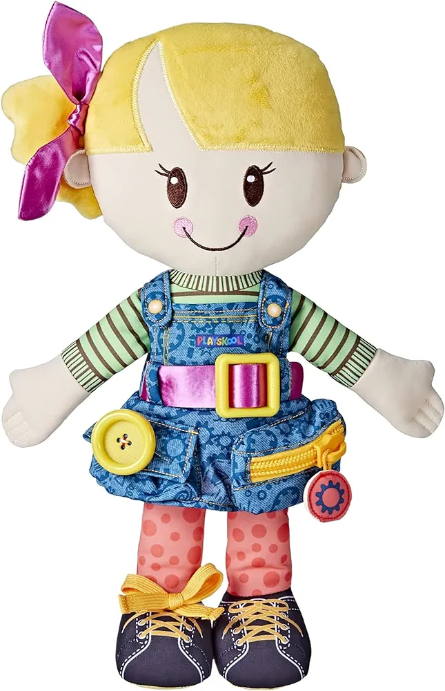 Playskool Dressy Kids Doll with Blonde Hair and Bow, Activity Plush Toy with Zipper, Shoelace, Button, for Ages 2 and Up (Amazon Exclusive)