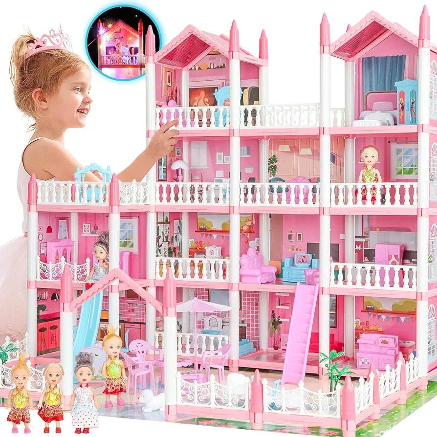 Big Doll House Girl Toys Dream Dollhouse 4-Story 15 Rooms Playhouse with 3 Dolls, Lights, Furniture and Accessories, Pretend Play Toddler Doll Houses for Kids 3 4 5 6 7 8+ Year Old Gift