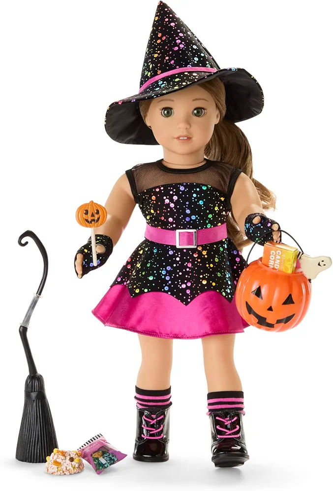 American Girl Chants & Charms Witch Halloween Costume 18 inch Doll Clothes with Rainbow-Foil Hat, 6 pcs, Ages 6+