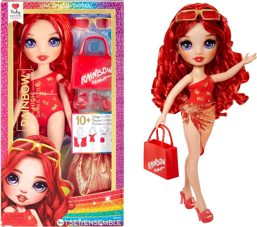 Rainbow High Swim & Style Ruby, Red 11" Fashion Doll with Shimmery Wrap to Style 10+ Ways, Removable Swimsuit, Sandals, Fun Play Accessories. Kids Toy Gift Ages 4-12 Years