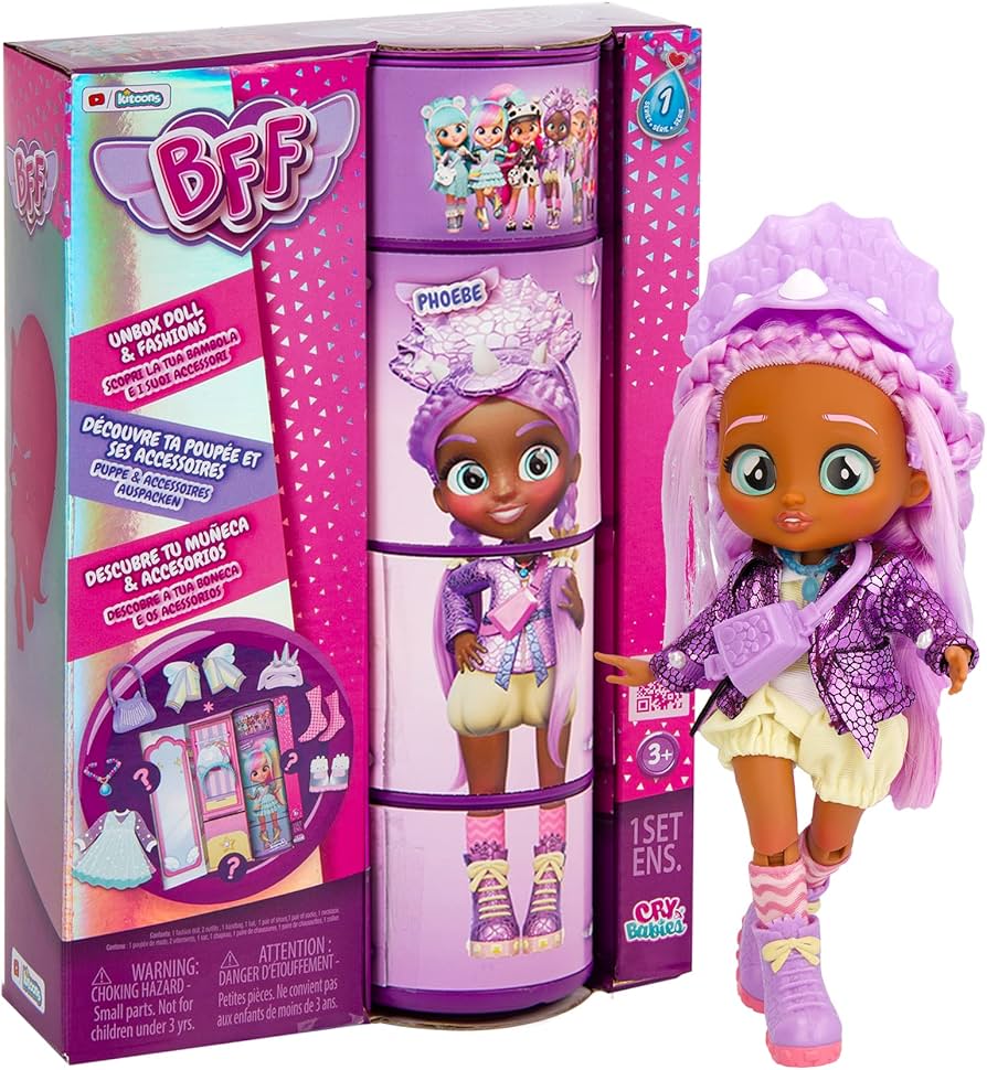 Cry Babies BFF Phoebe Fashion Doll with 9+ Surprises including Outfit and Accessories for Fashion Toy, Girls and Boys Ages 4 and Up, 7.8 Inch Doll, Multicolor