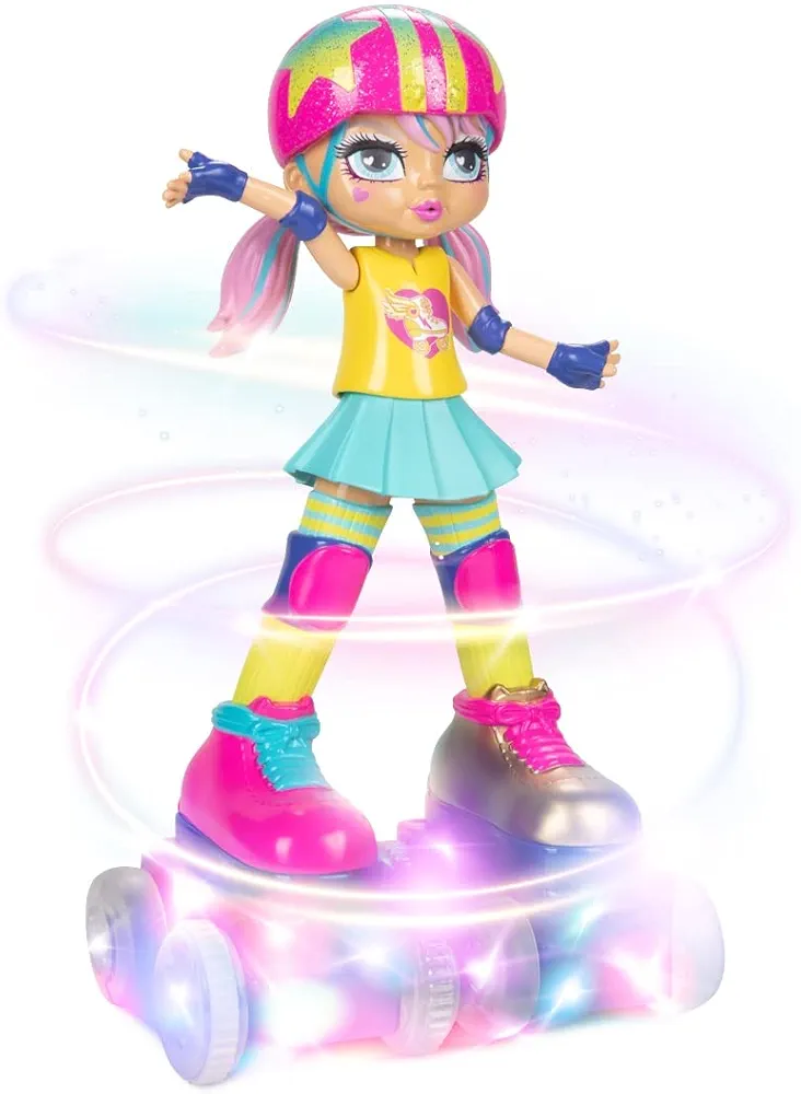 JAKKS Pacific Rock N Rollerskate Doll Rainbow Riley Light Up Remote Control Rollerskating Doll - Plays Music and Skates!, 10" H