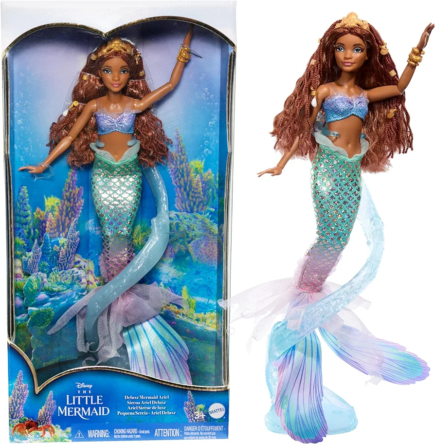 Mattel Disney The Little Mermaid Deluxe Ariel Doll with Iridescent Tail, Hair Jewelry Beads & Doll Stand, Inspired by the Movie