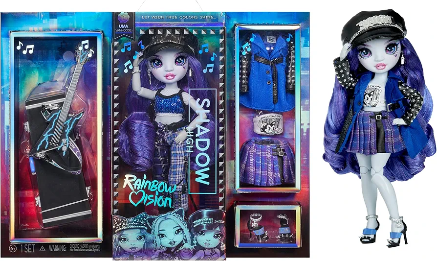 Rainbow High Vision and Neon Shadow-Uma Vanhoose (Neon Blue) Posable Fashion Doll. 2 Designer Outfits to Mix & Match, Rock Band Accessories Playset, Great Toy Gift for Kids 6-12 Years & Collector