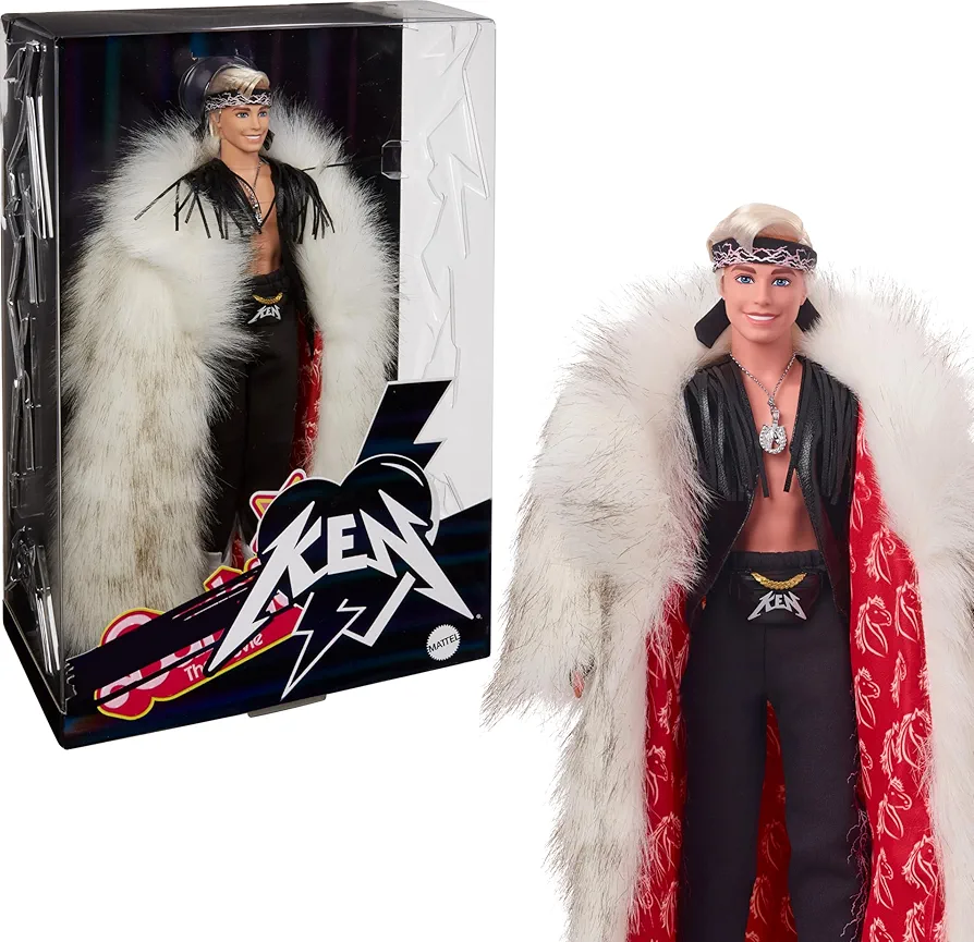 Barbie The Movie Collectible Ken Doll Wearing Big Faux Fur Coat & Black Fringe Vest with Bandana (Amazon Exclusive)