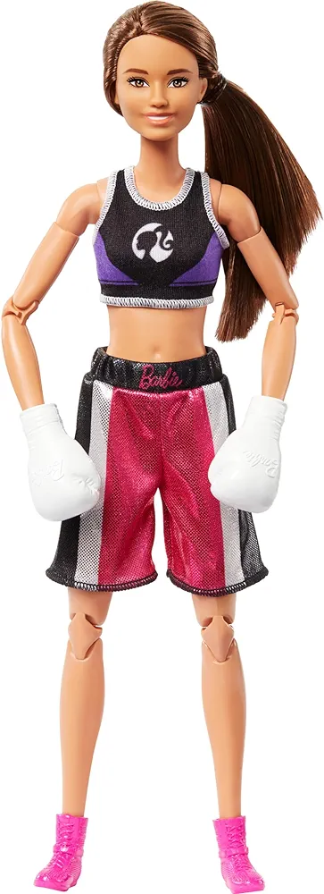 Barbie Careers Fashion Doll & Accessories, Made to Move Brunette Boxer Wearing Removable Uniform with Boxing Gloves, 22 Bendable Joints