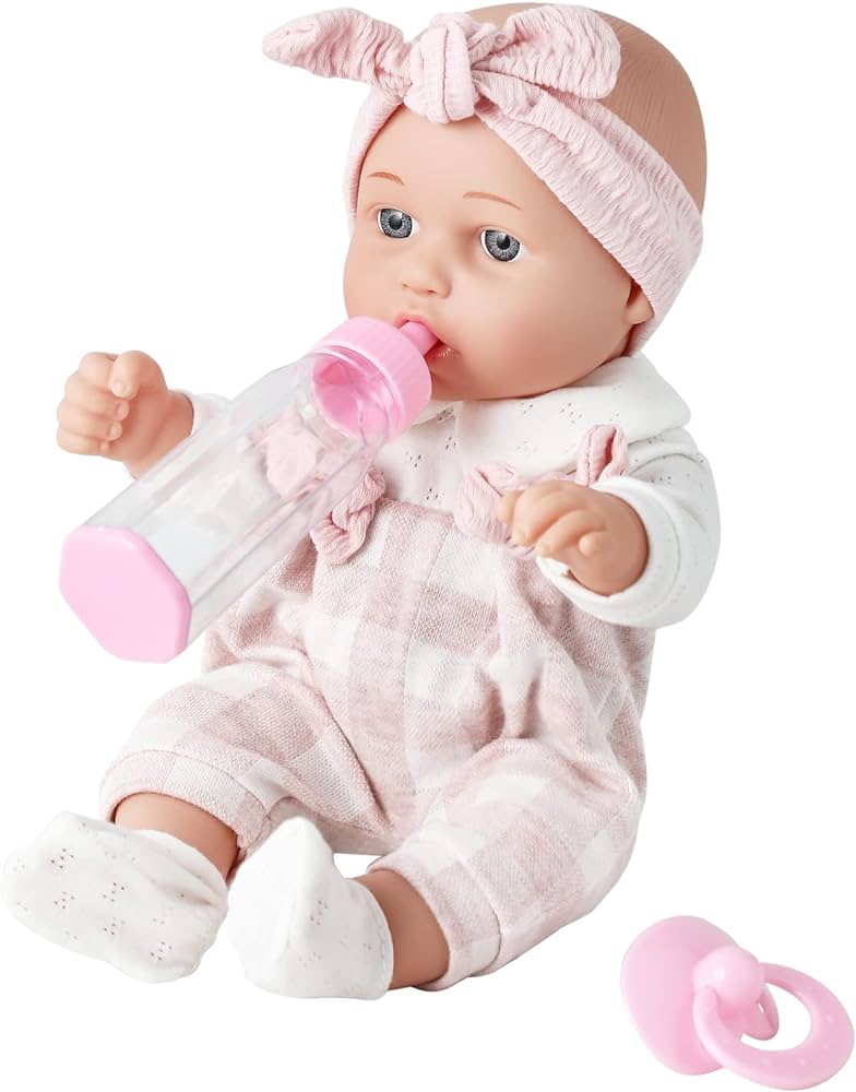 12'' Baby Doll in Gift Box with Pink Cloths, Pacifier, 13''x13'' Microfabric Blanket, and Feeding Bottle. Gift Idea for Ages 3+