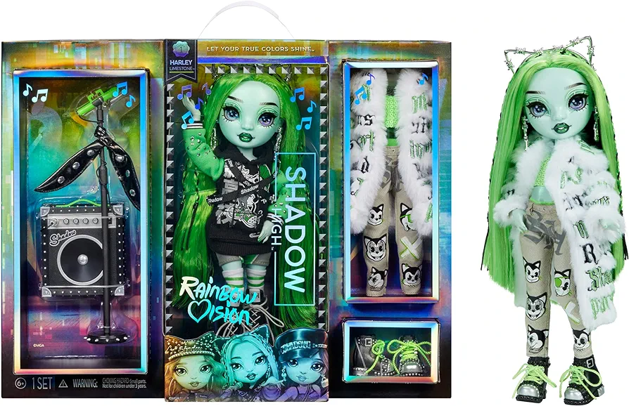 Rainbow Vision Shadow High Neon Shadow- Harley Limestone (Neon Green) Posable Fashion Doll. 2 Designer Outfits to Mix & Match, Rock Band Accessories Playset, Great Toy Gift Kids 6-12 Years & Collector