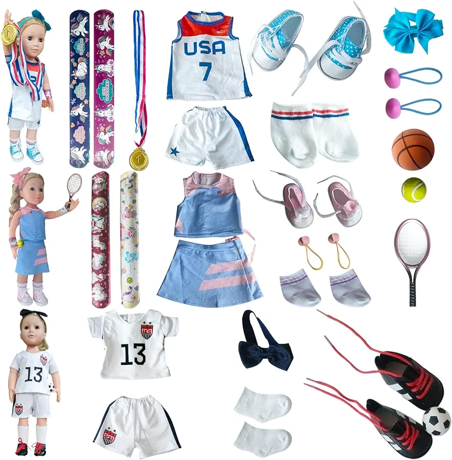 22 Pcs 18 Doll Sport Clothes set -18 inch Dolls American Football, Basketball, Tennis Apparel and Accessories - Girls' Birthday, Festivals 18 "Doll Apparel Gifts