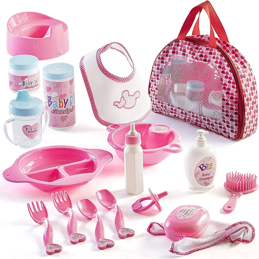 PREXTEX 18-Piece Baby Doll Accessories Set with Carrying Case - includes Bottle, Sippy Cup, Pacifier, Bib, Hair Brush, Plates and More, Perfect for Kids, Toddlers, and Girls