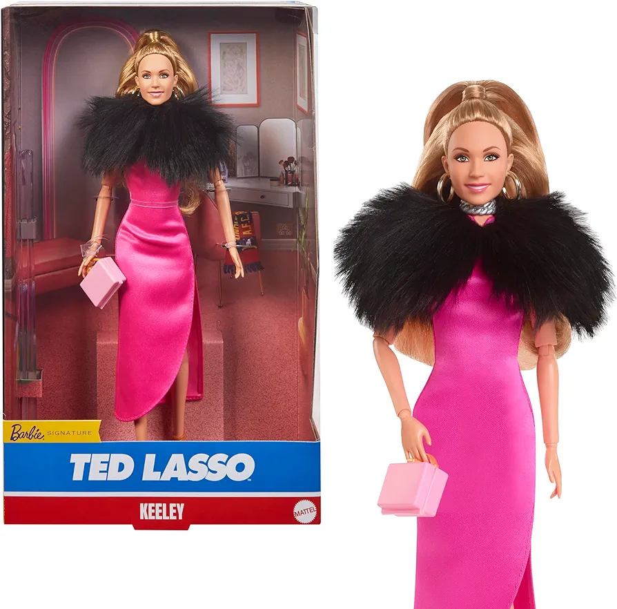 Barbie Signature Doll, Keeley from Ted Lasso Wearing Pink Dress & Faux Fur Shawl, Collectible with Displayable Packaging