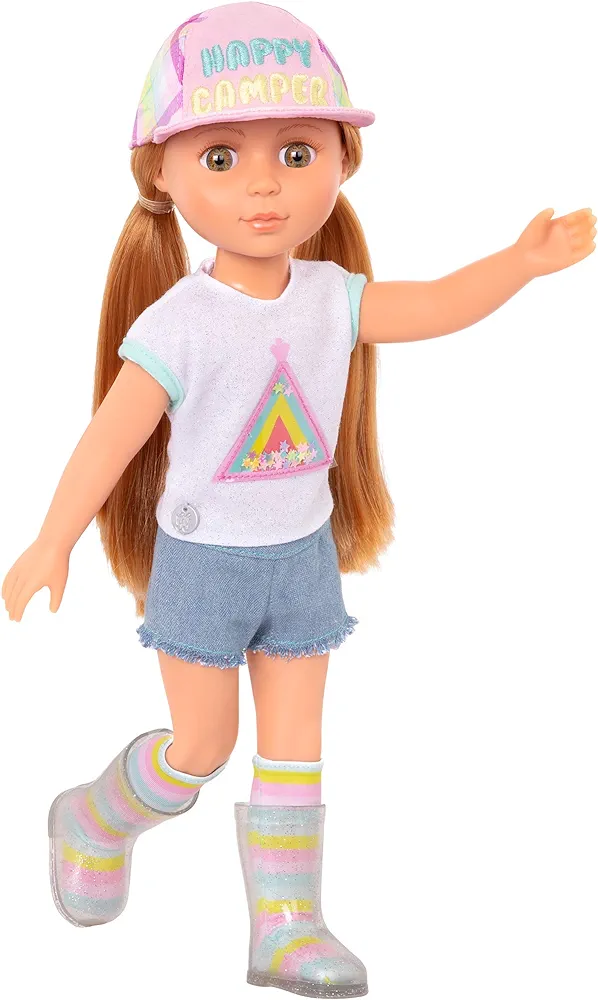 Glitter Girls – Astrid 14-inch Poseable Doll – Red Hair & Hazel Eyes — Camping Outfit, Matching Cap, and Glitter Boots –Toys, Clothes, and Accessories for Kids Ages 3+