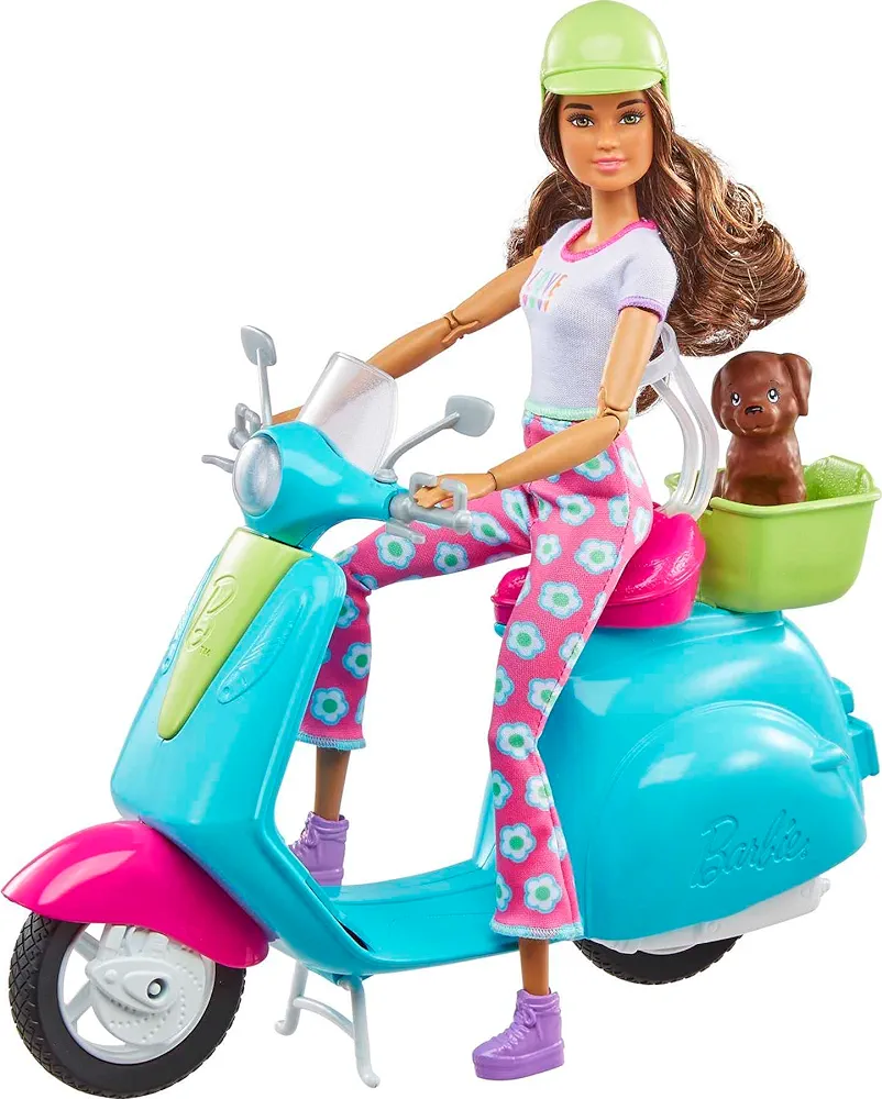 Barbie Fashionistas Doll & Scooter, Travel Playset with Stickers, Pet Puppy & Themed Accessories Like Map & Camera (Amazon Exclusive)