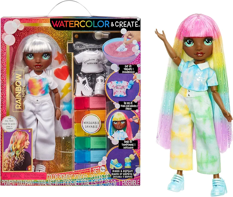 Rainbow High Watercolor & Create Fashion DIY Doll with Washable Watercolors + Tie-Dye Kit, Green Eyes, Long Straight Hair, Bonus Top & Shoes. Color, Create, Play, Rinse and Repeat. Creative 4-12+