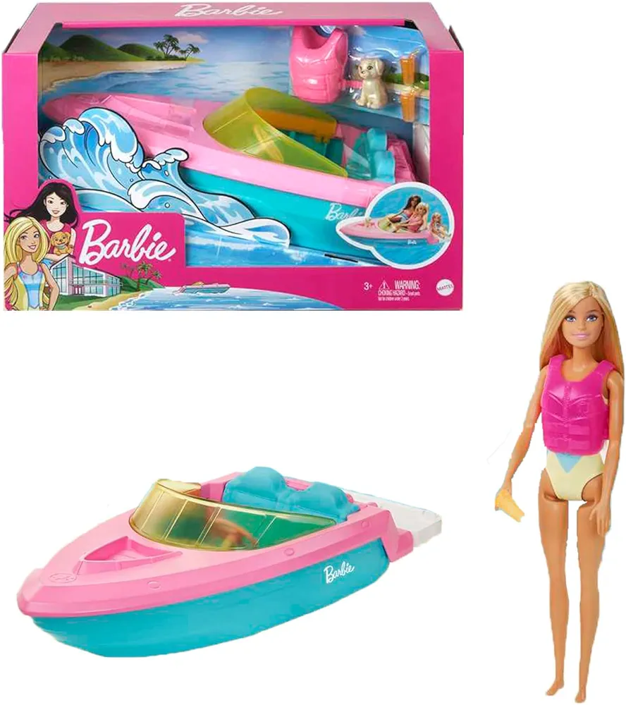 Barbie Doll & Toy Boat Playset with Pet Puppy, Life Vest & Beverage Accessories, Fits 3 Dolls & Floats in Water