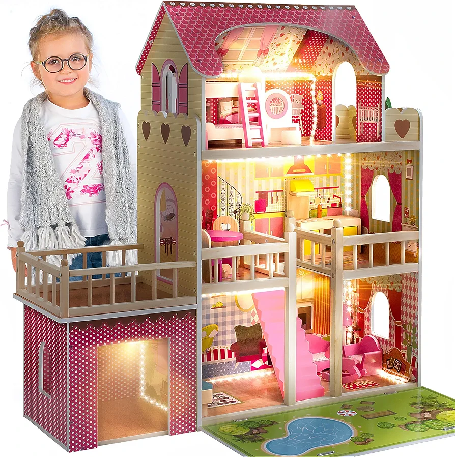 Green series Kinderplay Large Wooden Dollhouse with Furniture and Accessories | Wooden Doll house | Wood Doll Houses |Dream House Toy 3 Storey with 17 Playset | Big Doll House | Multicoloured, GS0020