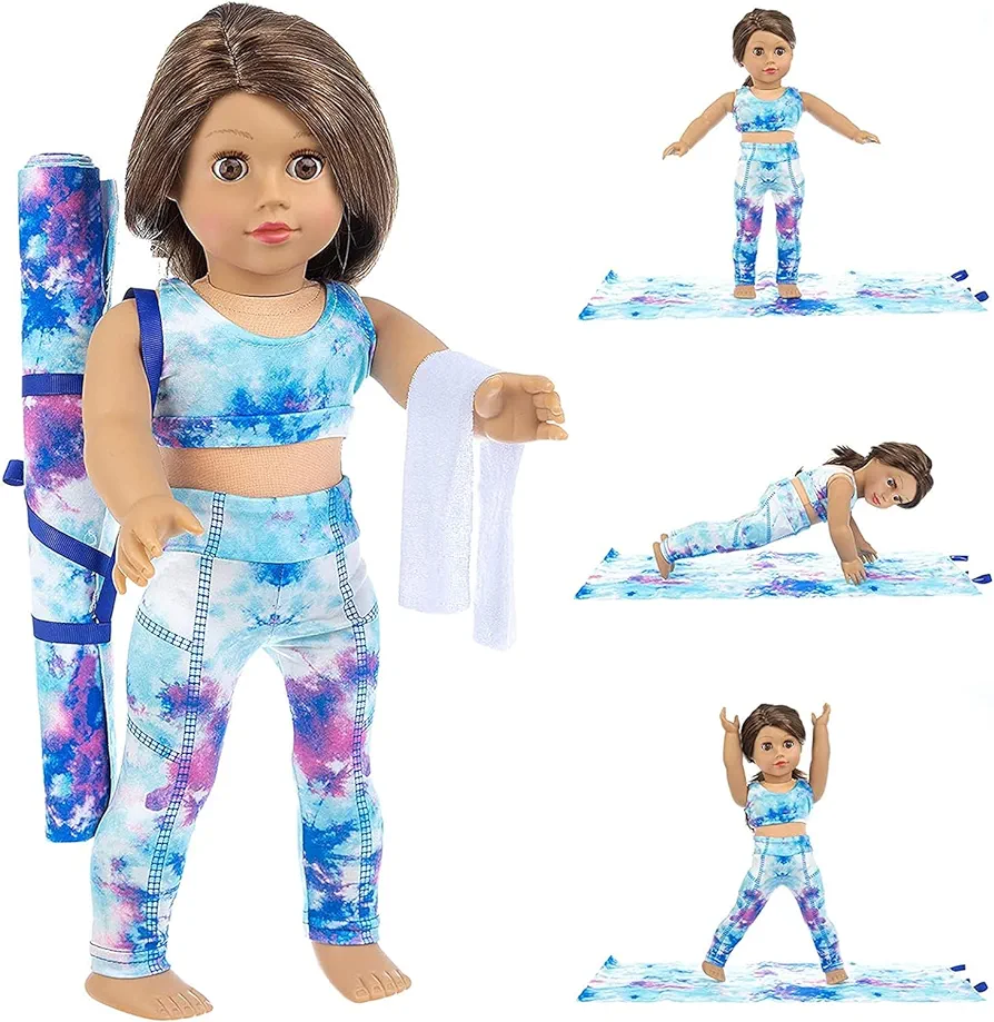 Ecore Fun 3 Items 18 Inch Doll Clothes Yoga Pilates Sports Clothes Gymnastics Yoga Exercise Outfit Sets includes Vest Suit, Yoga Mat and Towel