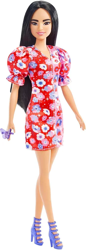 Barbie Fashionistas Doll #177 with Long Black Hair & Color Block Floral Dress & Accessories Including Strappy Purple Heels & Butterfly Ring