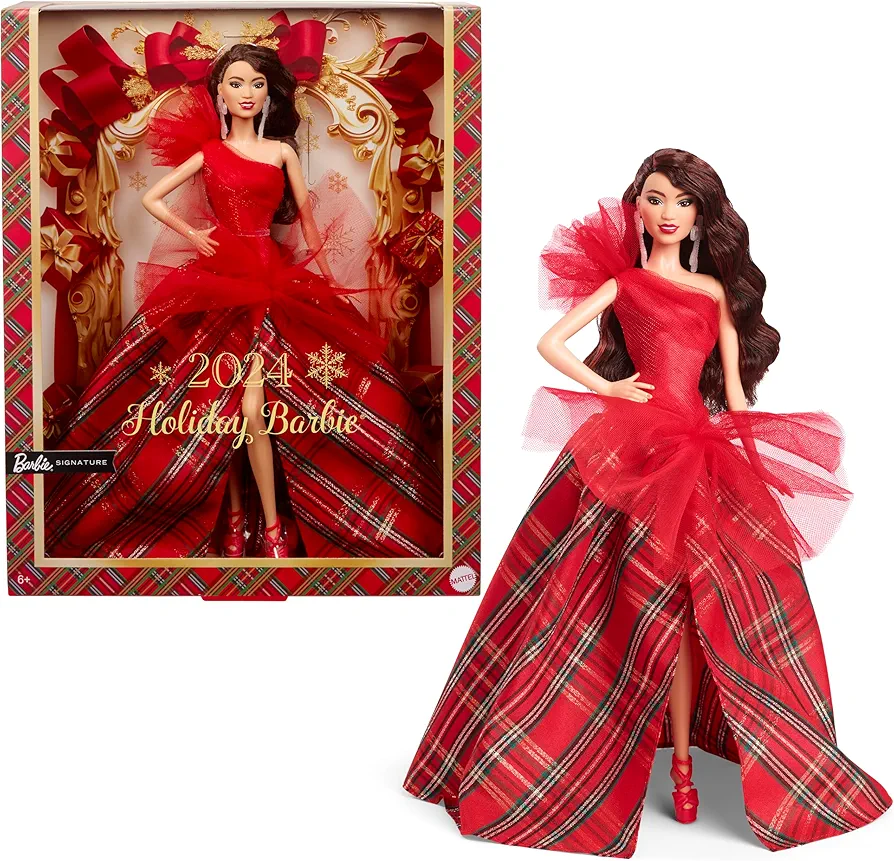 Barbie 2024 Holiday Barbie Dolls, Seasonal Collector Toy, Barbie Signature, Plaid Gown with Red Bow, Displayable Packaging, Dark Brown Hair