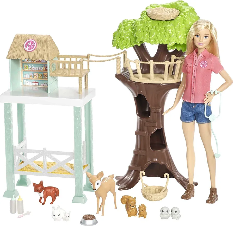 Barbie Doll & Playset, Animal Rescuer Theme with Vet Doll, 8 Animal Figures, Treehouse, Care Station, Rope Bridge & Accessories