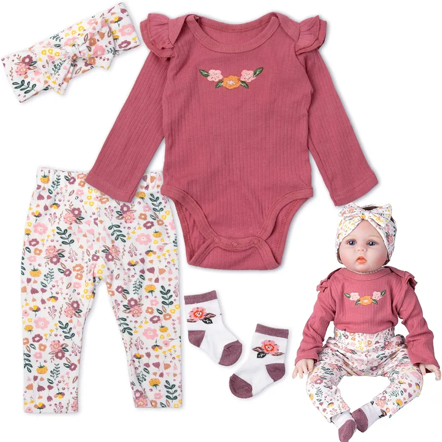 Reborn Baby Dolls Clothes 22 inch Outfit Accessories Flower 4pcs Set for 17-22 Inch Reborn Doll Newborn Girl