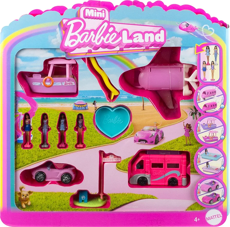 Barbie Mini BarbieLand 4-Pack Doll & Toy Vehicle Set with 4 Mini Dolls (1.5-inch) & 4 Iconic Vehicles with Color-Change Surprise