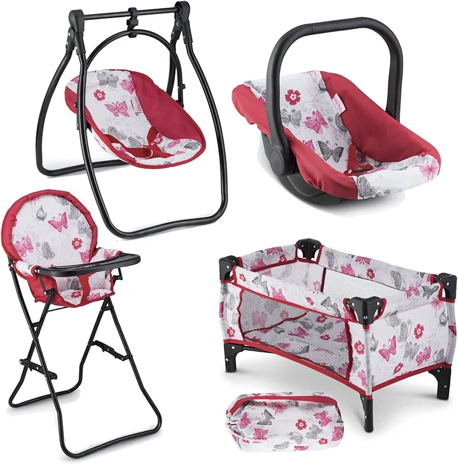 Litti Pritti Baby Doll Accessories Set - 4-Piece Baby Doll Furniture Set for 18 inch Dolls - Baby Doll Nursery Playset includes Baby Doll Swing, High Chair, Pack-N-Play & Carrier - Baby Doll Stuff