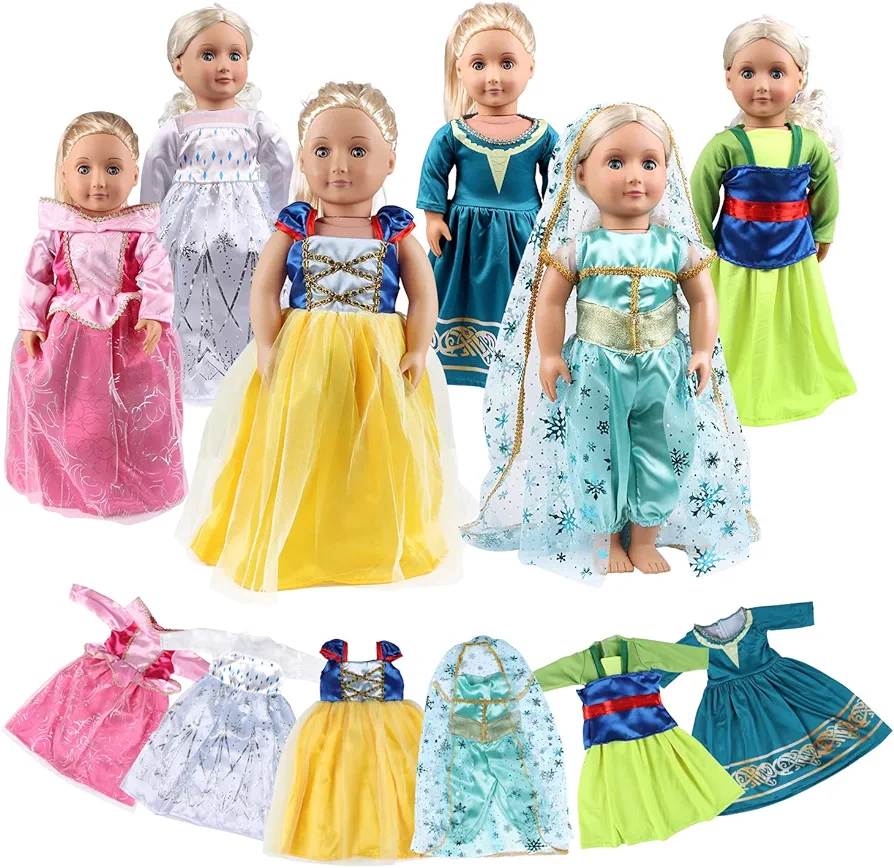 18 Inch Doll Clothes 6PCS Dress Set Includes Snow White, Jasmine, Elsa, Aurora,Merida and Mulan Fits 18 Inch American Doll Girl Princess Clothes