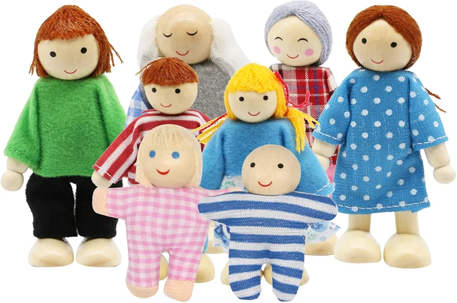 Lovely Family Dollhouse Dolls Set of 8 Wooden Figures, Kids Girls Happy Playset Characters Accessories for Children Pretend Gift