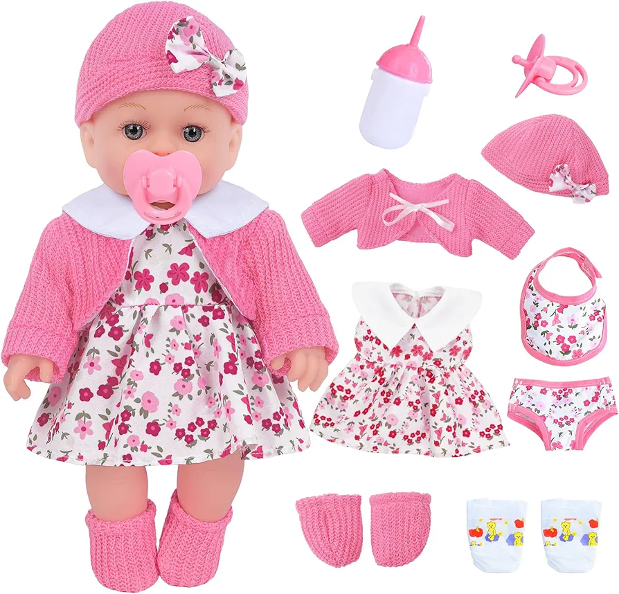 12 Inch Baby Doll Playset with Reborn Baby Dolls Clothes and Accessories Including Bottles, Nipple, Diaper, Bib, Underpants