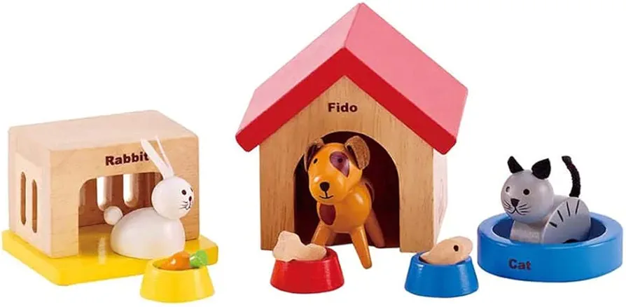 Family Pets Wooden Dollhouse Animal Set by Hape | Complete Your Wooden Dolls House with Happy Dog, Cat, Bunny Pet Set with Complimentary Houses and Food Bowls