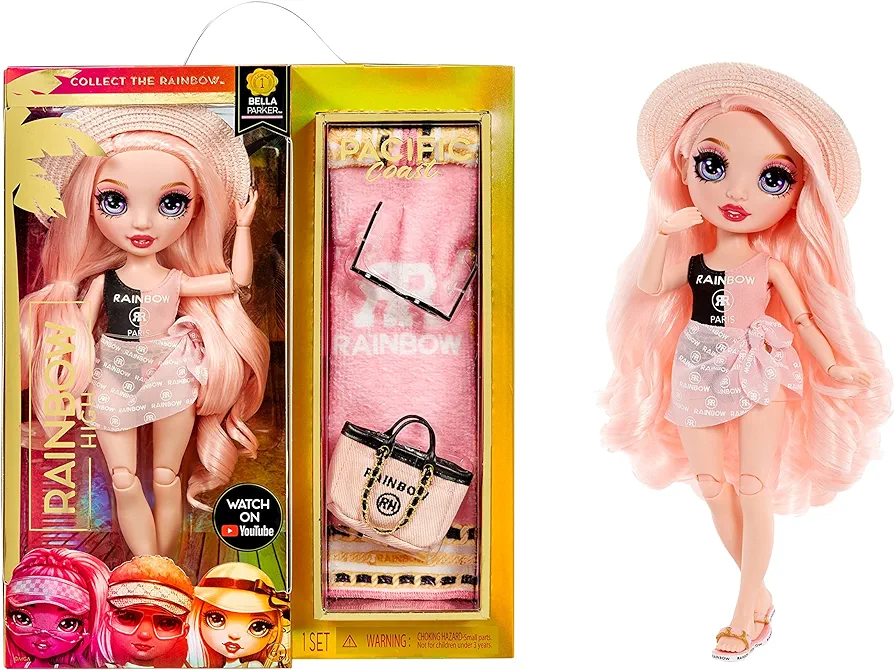 Rainbow High Pacific Coast Bella Parker- Pink Fashion Doll with 2 Designer Outfits, Pool Accessories Playset, Interchangeable Legs, Toys for Kids, Great Gift for Ages 6-12+ Years