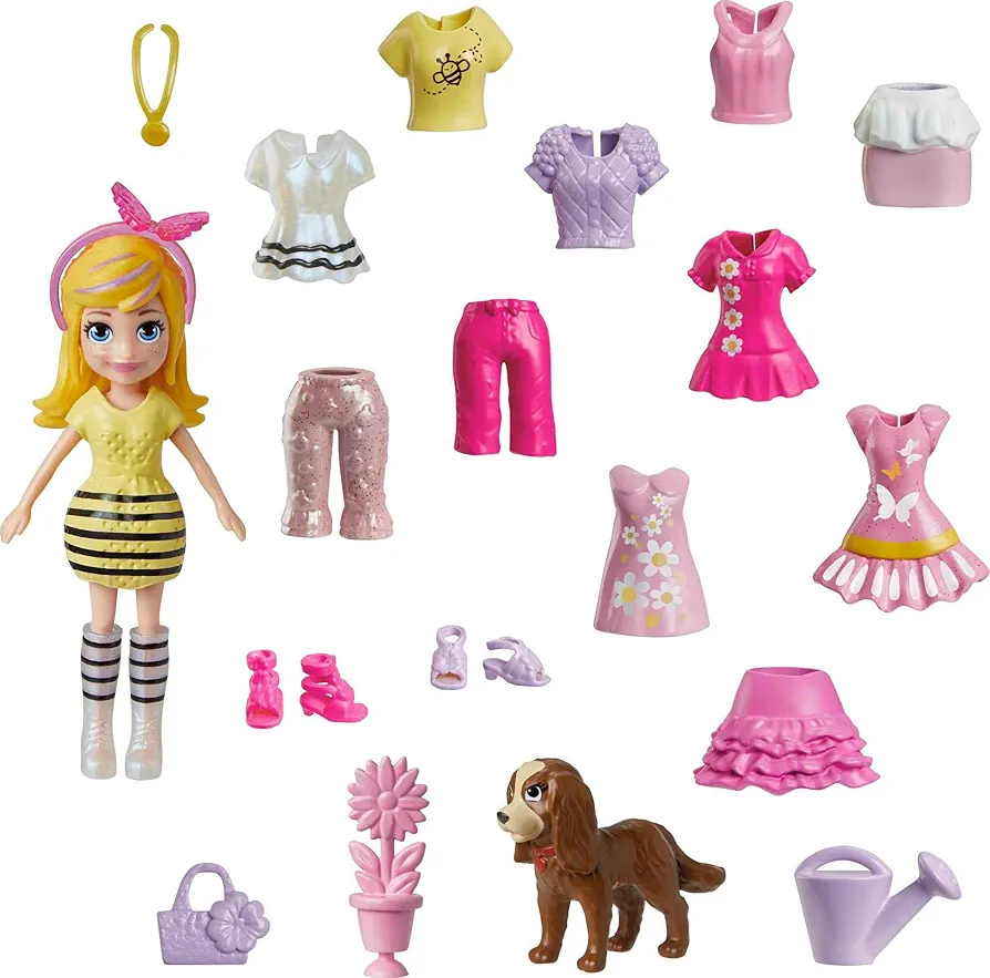 Polly Pocket Travel Toy with 3-inch Doll & 18 Accessories, Puppy & Flower-Themed Fashion Pack