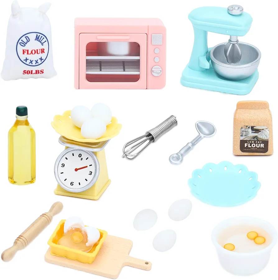 ONEST 26 Pieces Miniature Dollhouse Accessories Mini Stuff with Stand Mixer Kitchen Scale Flour Rolling Pin and Others for Dollhouse Kitchen Toys