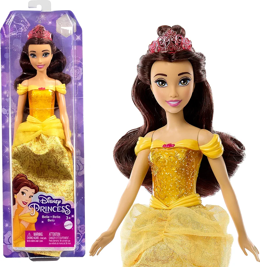 Mattel Disney Princess Toys, Belle Fashion Doll, Sparkling Look with Brown Hair, Brown Eyes & Tiara Accessory, Inspired by the Beauty & the Beast Movie