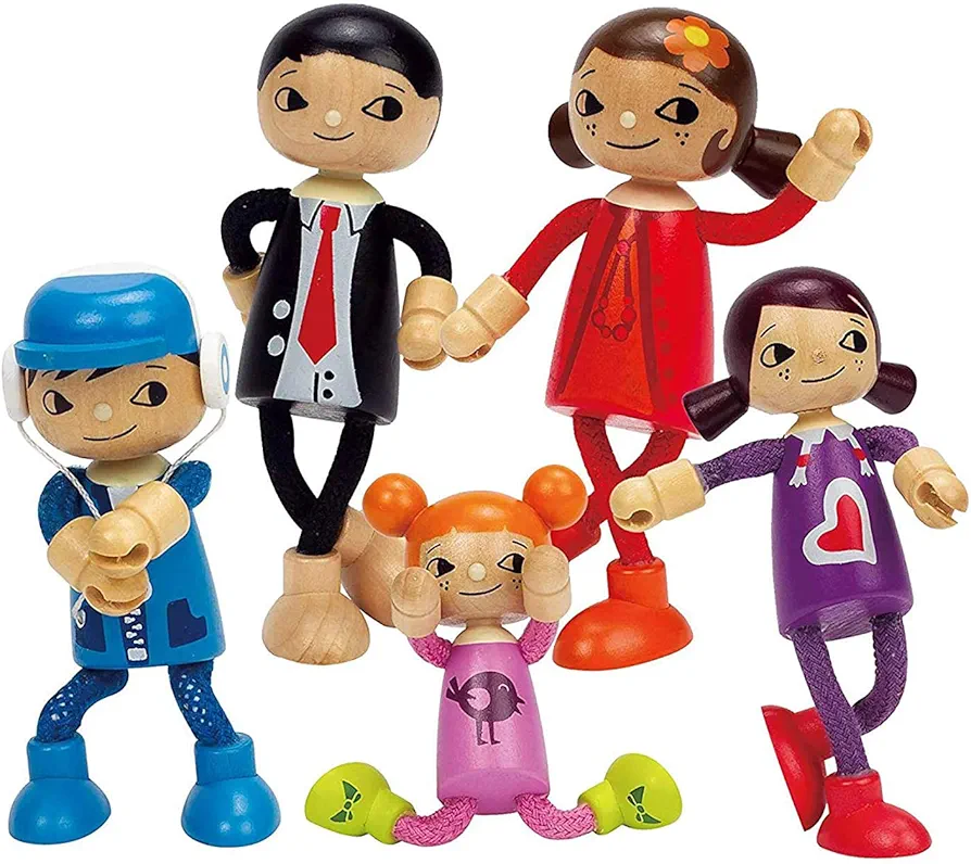 Hape Modern Family of 5 Wooden Bendable Doll Set| Pretend Playset for Kid’s Wooden Dolls House