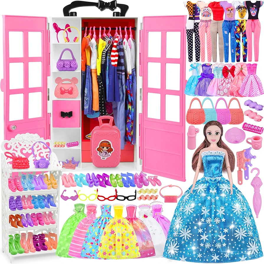 122 Pcs Doll Clothes and Accessories with Closet(Include Doll), Princess Gowns Fashion Dresses Top & Pants/Jumpsuit Swimsuits Shoes Hangers, Doll Dress up Toys for Girls Kids Toddlers Toy Gifts