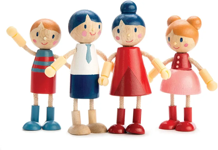 Tender Leaf Toys - Doll Family - Cute Wooden Flexible Doll Family for Kid's Dollhouse, Four Pcs of Multicultural Mom, Dad, Boy and Girl - Age 3+