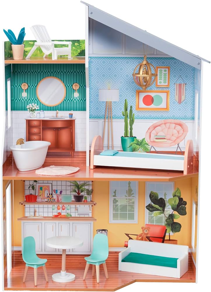 KidKraft Emily Wooden Dollhouse with 10 Accessories Included, for 12" Dolls, Gift for Ages 3+