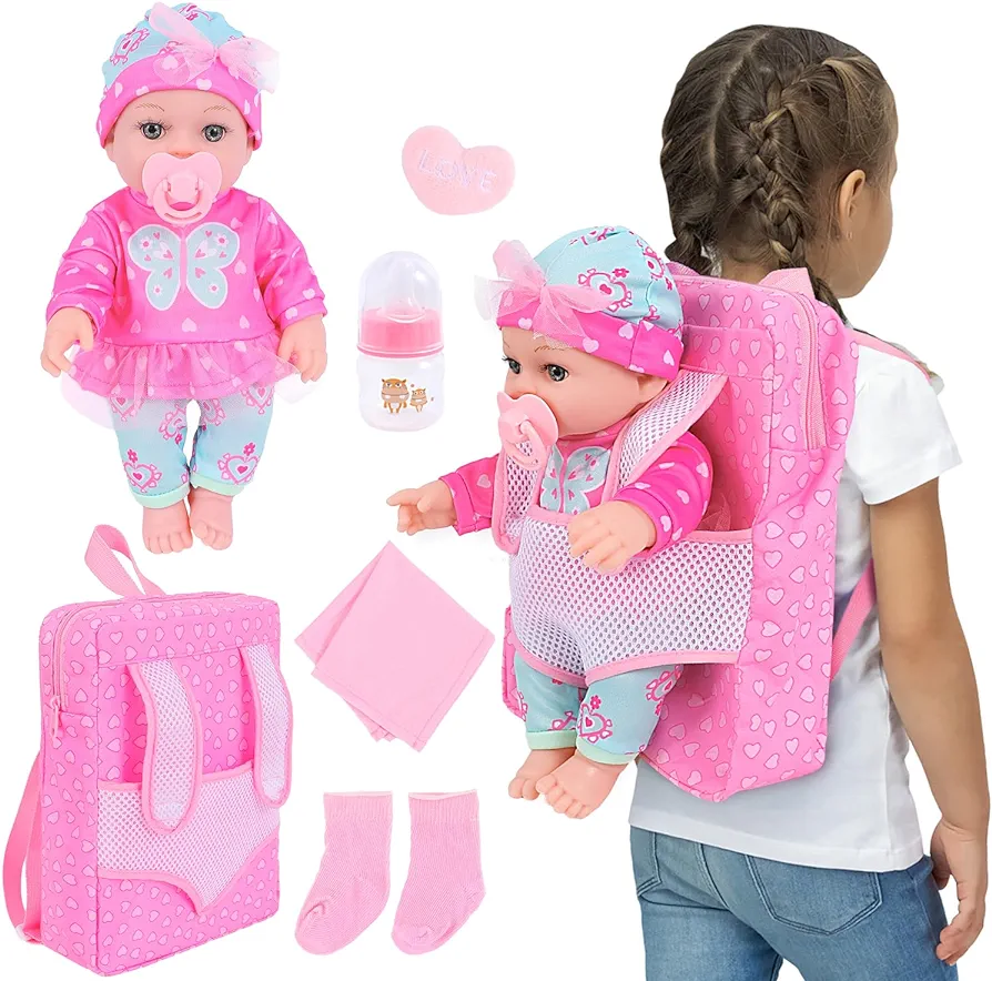 12 Inch Baby Doll with Clothes and Backpack Carrier,Reborn Baby Doll with Bottles Nipple