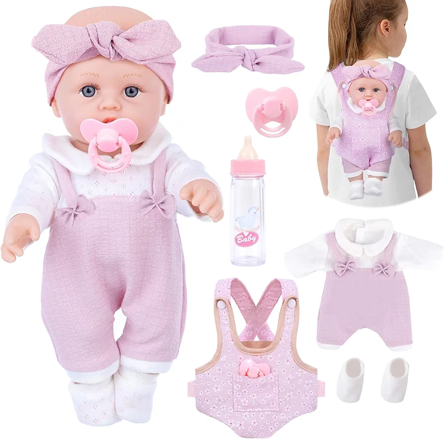 12 Inch Baby Doll Playset with Clothes and Dolls Carrier Accessories Included Baby Carrier, Bottles, Nipple, Socks, Headbands