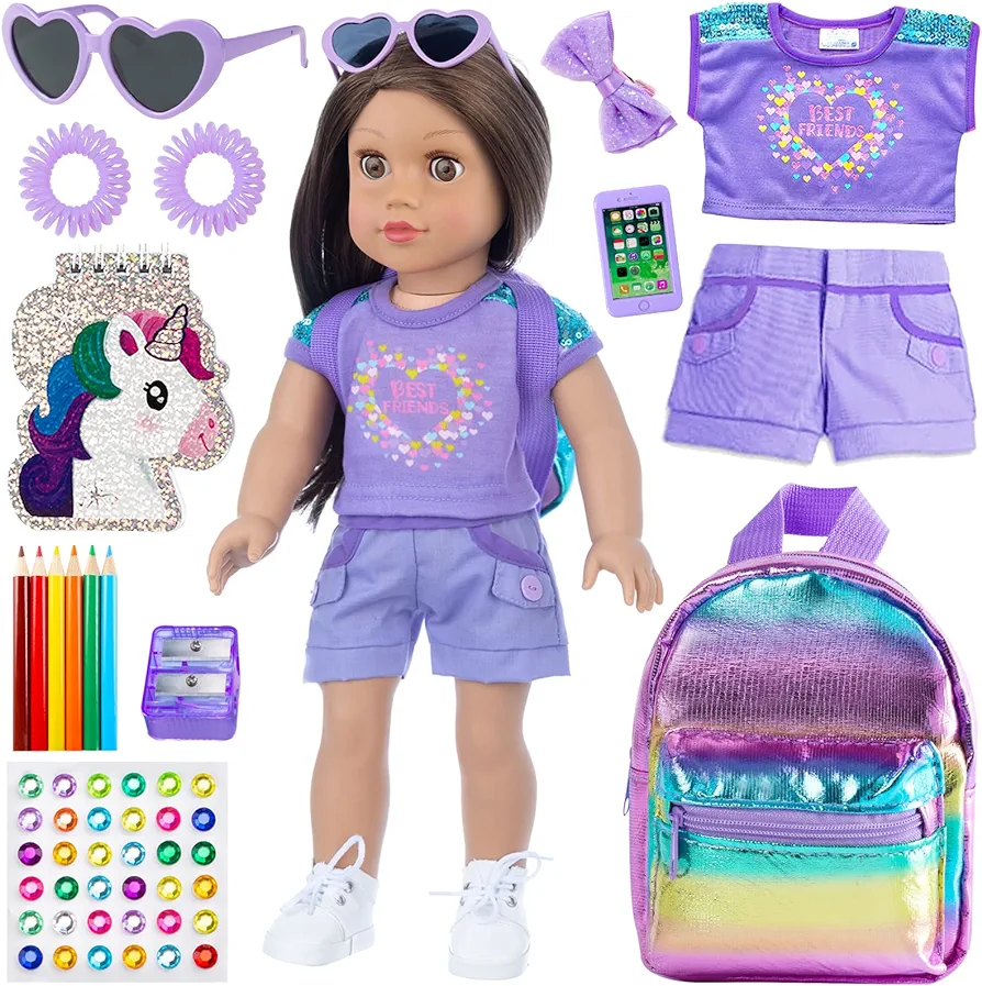 18 Inch Girl Doll Clothes and Accessories School Supplies Playset with Doll Clothes,School Bags, Sunglasses, Pencils, Pencil Sharpener, Notebooks, Phone, Hair Clip, Stickers （No Doll）