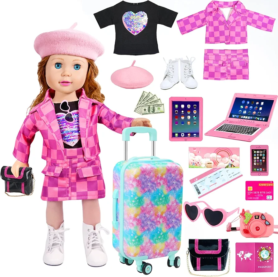 18 inch Doll Clothes Accessories Girl Suitcase Luggage Travel Set Including 18 inch Doll Clothes Hat Handbag Sunglasses Camera Computer Passport Cell Phone Tablet, Gift for Christmas Birthday