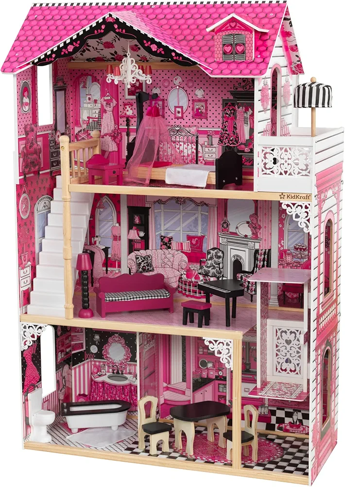 KidKraft Amelia Wooden Dollhouse with Elevator, Balcony and 15-Piece Accessories, Pink, Gift for Ages 3+