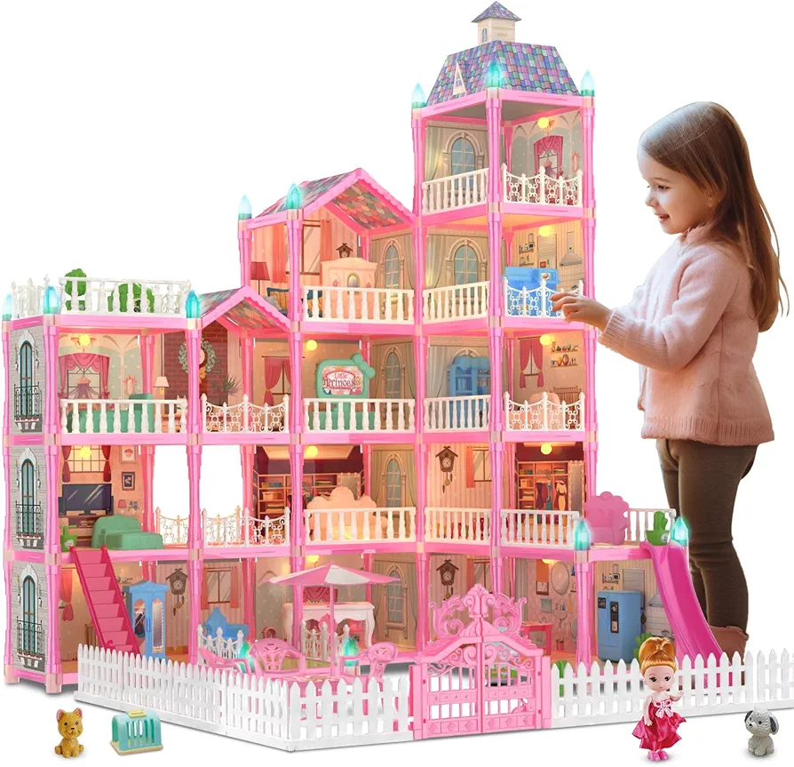 (15 Rooms) 374Pcs Doll House Dreamhouse for Girls, Princess Playhouse with Lights Dolls Furniture Accessories Pretend Play Dream House Toys for 3 4 5 6 7 8 9 10 Years Old Kids Toddlers Gifts